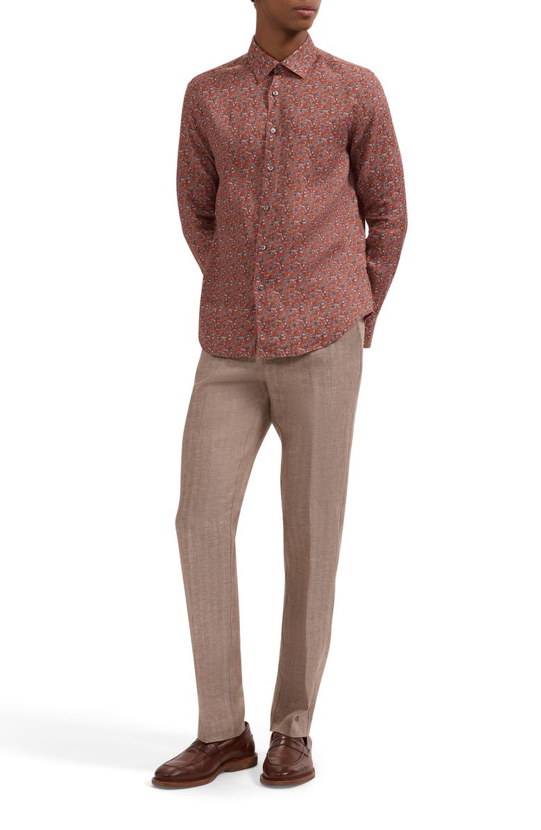 Bugatchi Julian Shaped Fit Floral Linen Button-Up Shirt, Alternate, color, Sienna