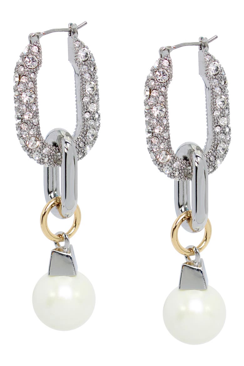 Pavé Crystal Faux Pearl Link Drop Hoop Earrings, Alternate, color, RHODIUM