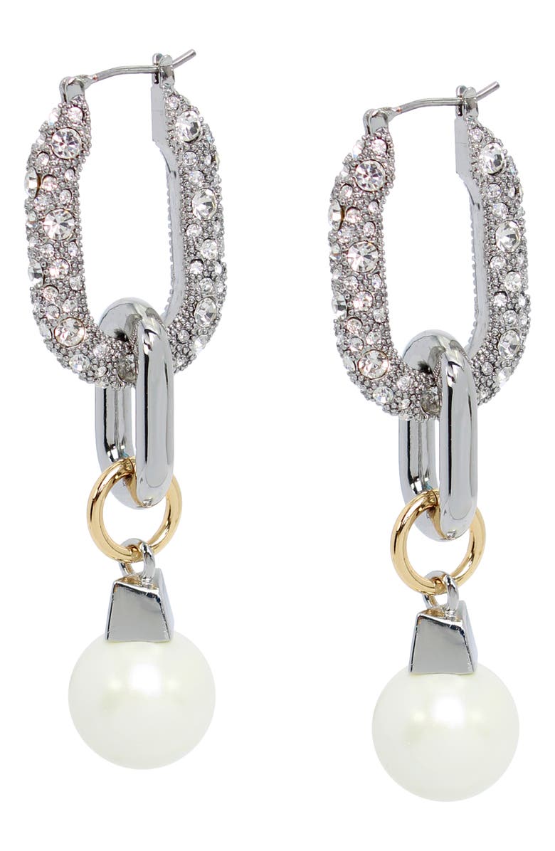 AllSaints Pavé Crystal Faux Pearl Link Drop Hoop Earrings, Alternate, color, Rhodium