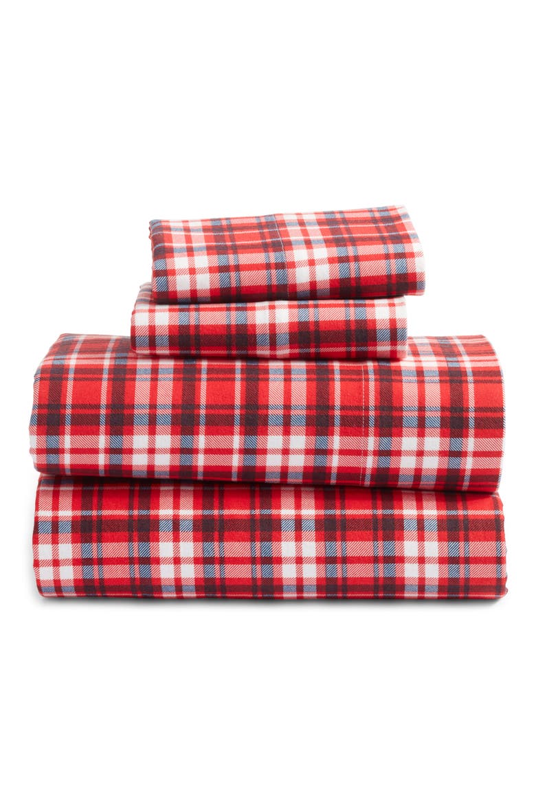 Family Flannel Holiday Sheet Set, Main, color, RED BLOOM TARTAN
