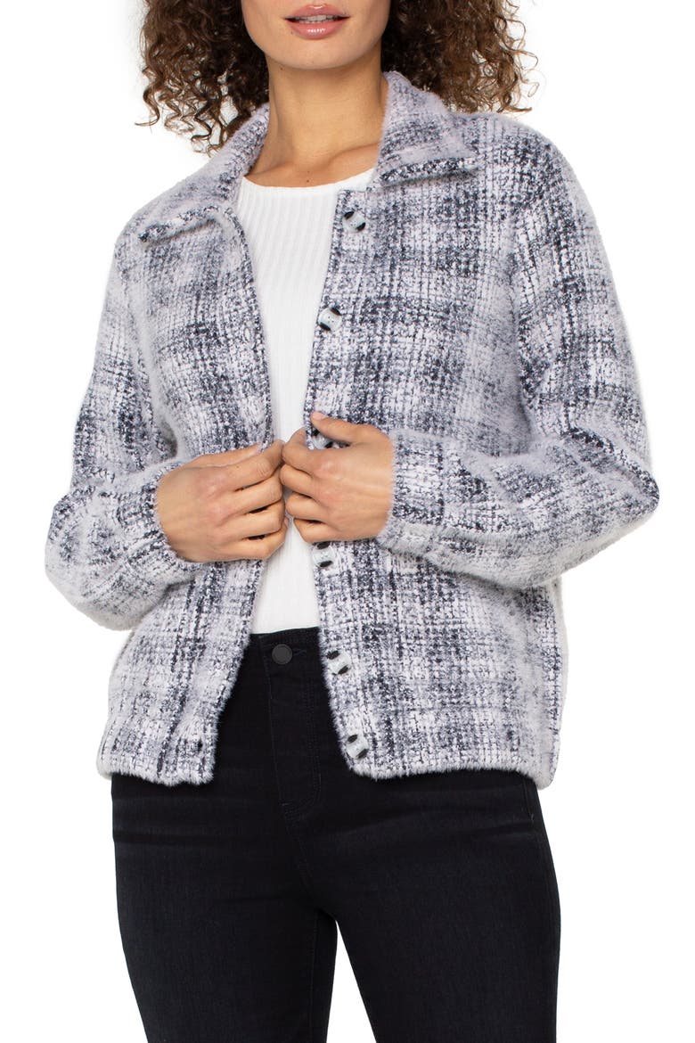 Plaid Bomber Sweater, Main, color, GREY/ WHITE PLAID