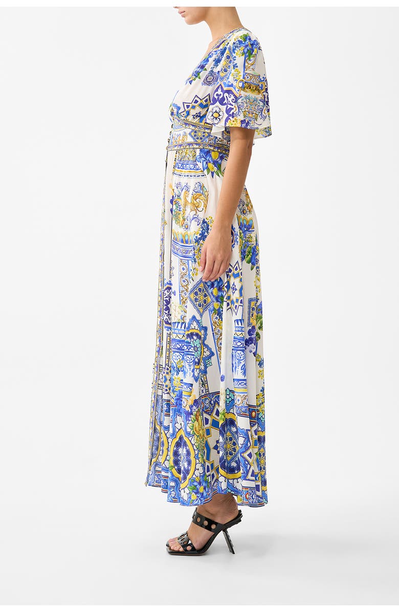 Camilla Shaped Waistband Dress With Flutter Sleeves, Alternate, color, España Nirvana