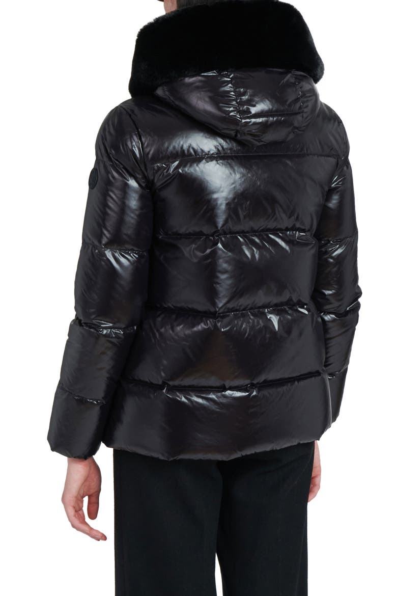 Water Resistant Nylon Down Puffer Coat with Faux Fur Trim, Alternate, color, BLACK