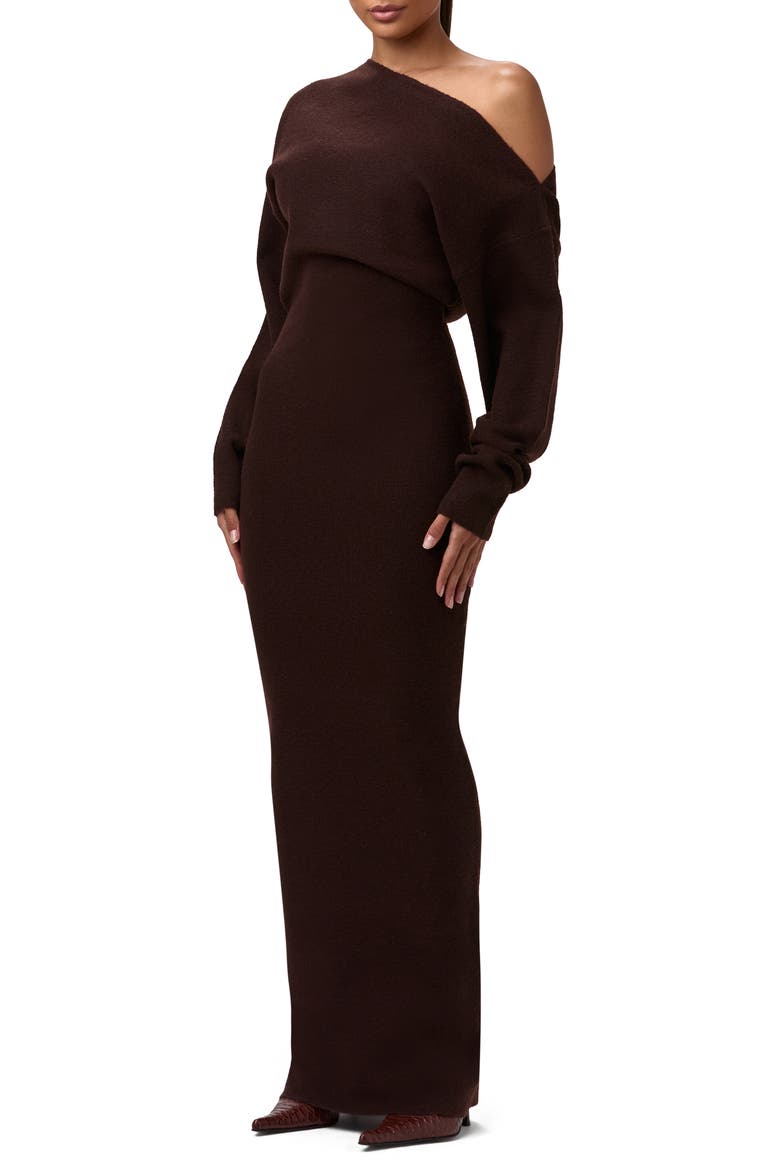 One-Shoulder Long Sleeve Maxi Sweater Dress, Alternate, color, DARK CHOCOLATE