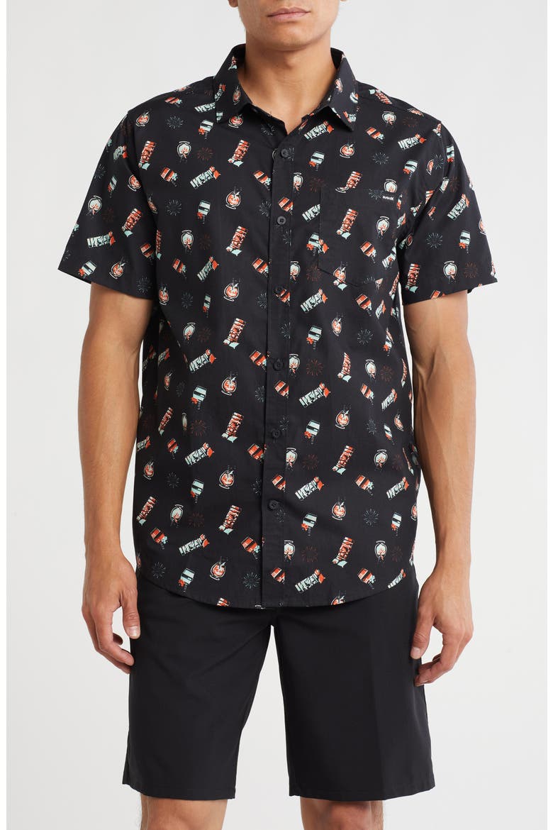 Freaky Tiki Short Sleeve Cotton Button-Up Shirt, Main, color, BLACK