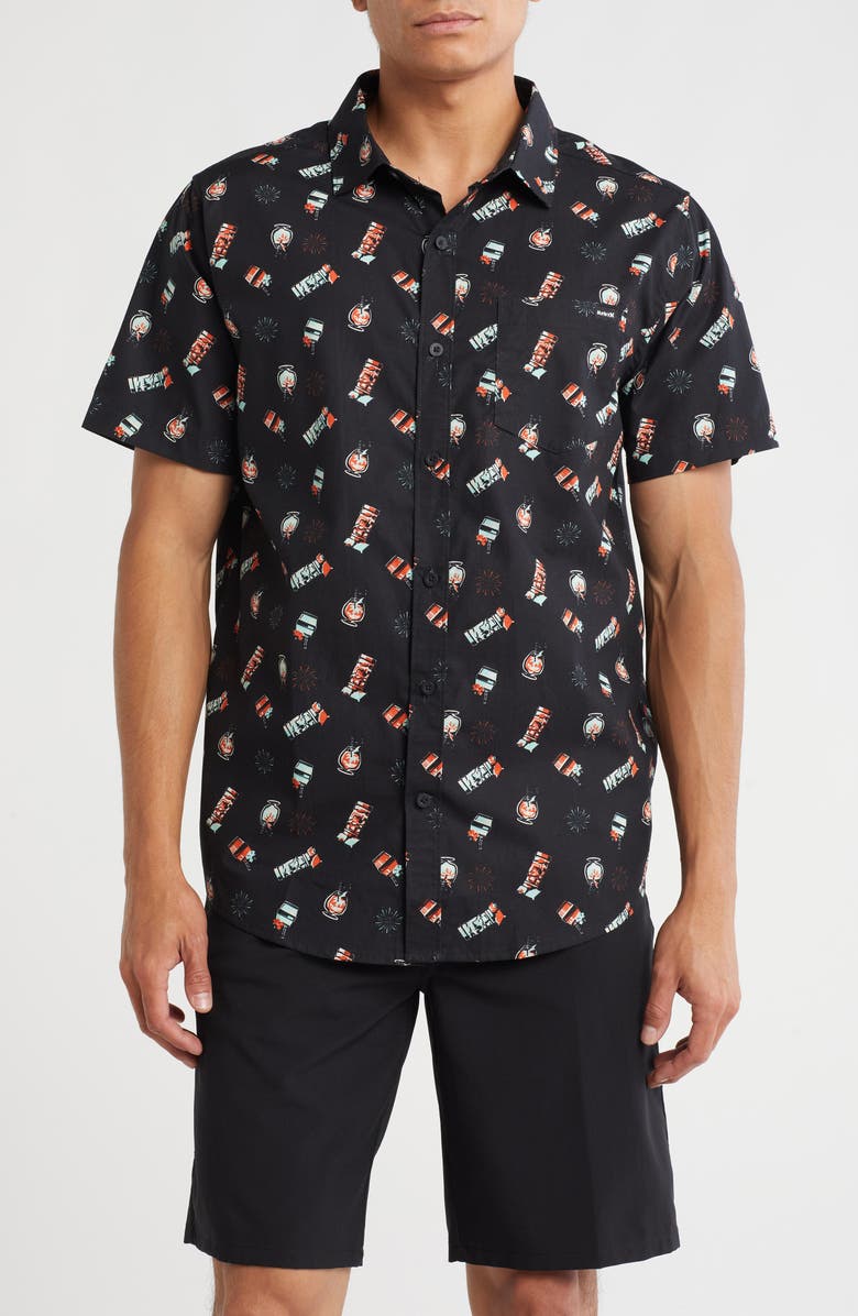 Hurley Freaky Tiki Short Sleeve Cotton Button-Up Shirt, Main, color, Black