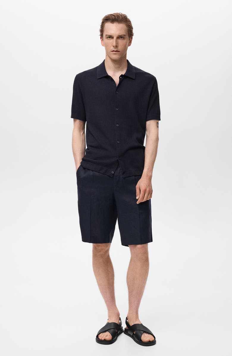 MANGO Short Sleeve Rib-Knit Button-Up Shirt, Alternate, color, Navy