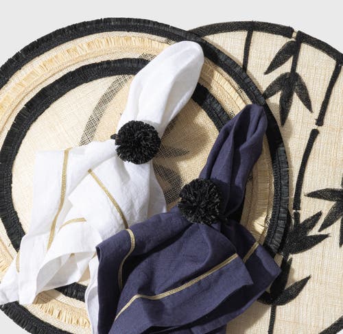 Joanna Buchanan Straw Pompom Napkin Rings, Set Of Four In Black