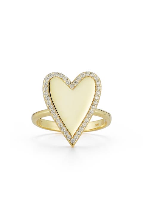 14K Yellow Gold Plated Sterling Silver Pavé CZ Heart Ring - Size 8