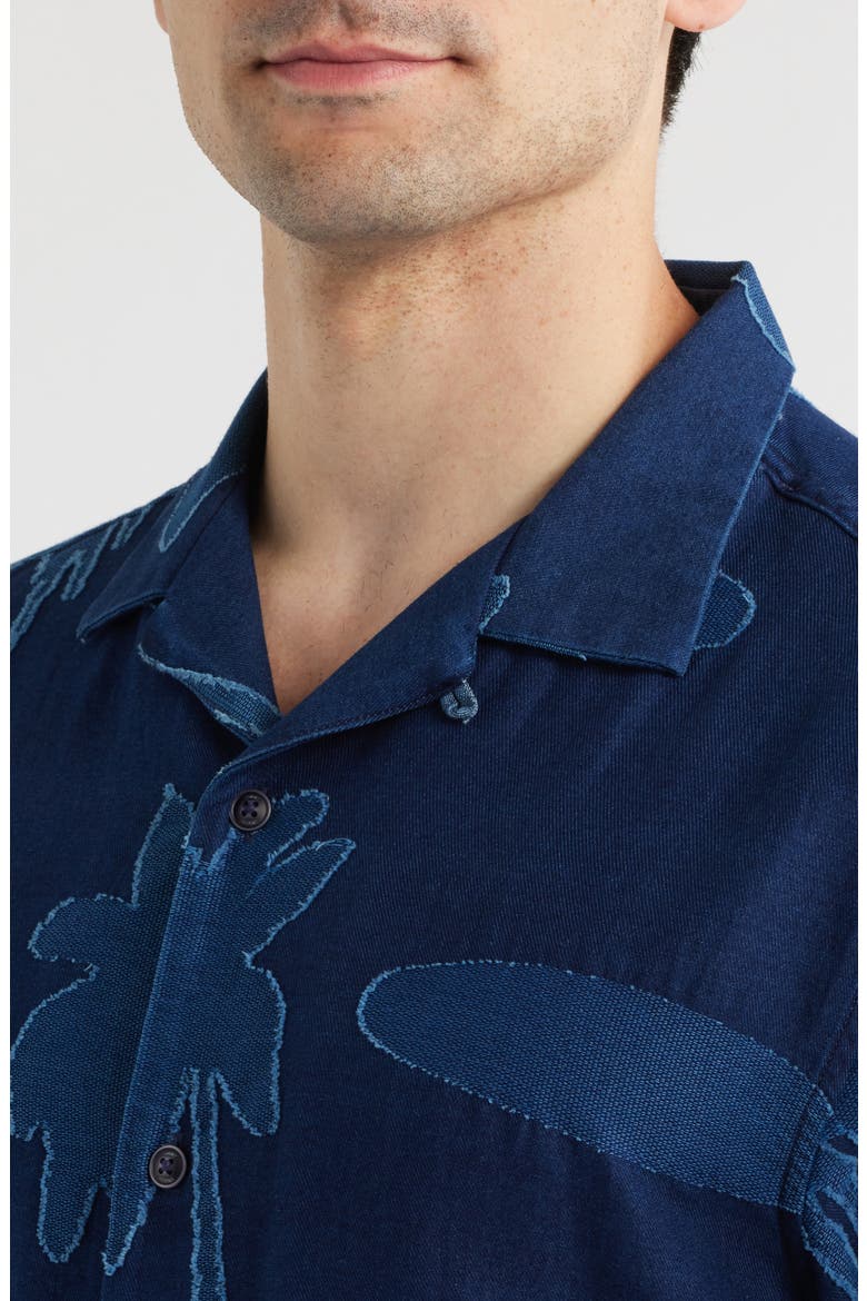 Destination Indigo Palm Tree Print Cotton Jacquard Camp Shirt, Alternate, color, DARK INDIGO