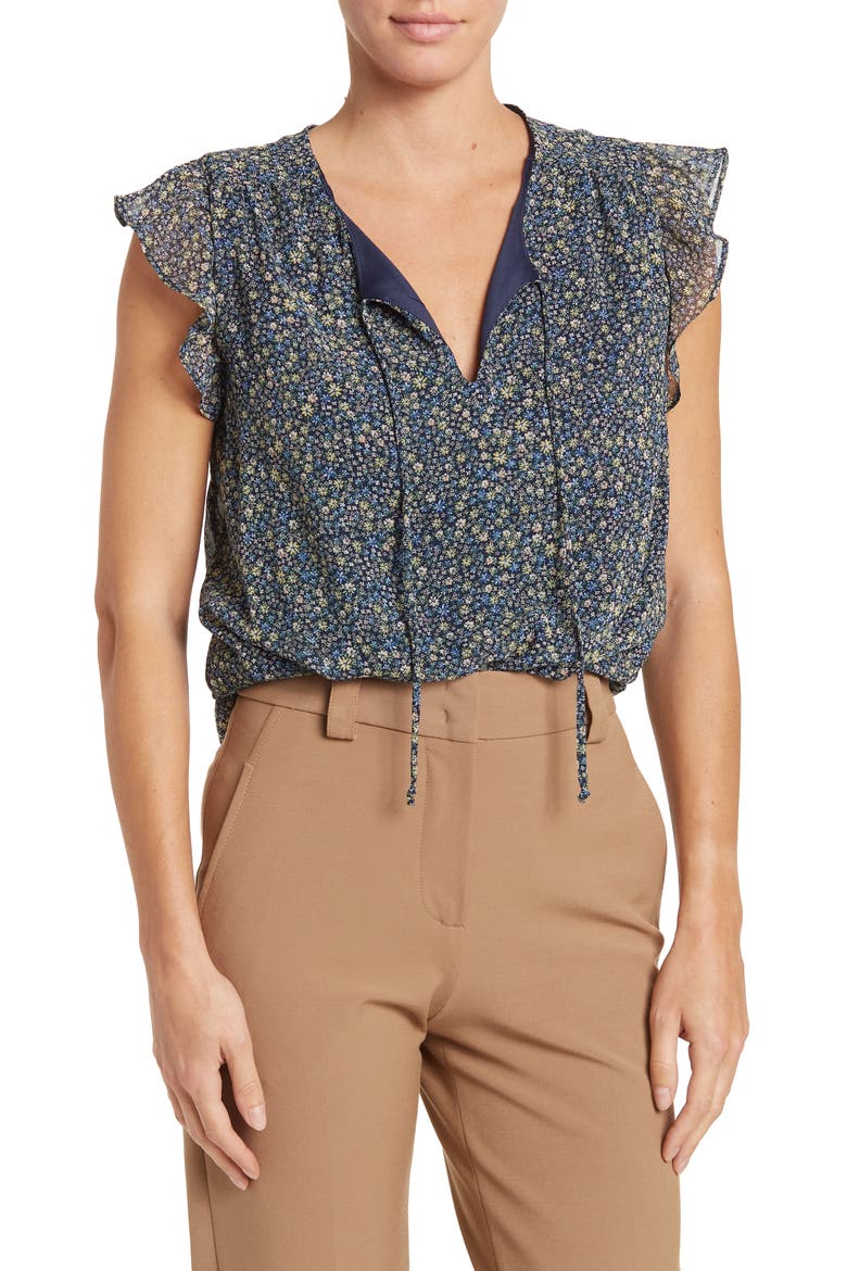 Flutter Sleeve Printed Chiffon Blouse, Main, color, NAVY DITSY PRINT