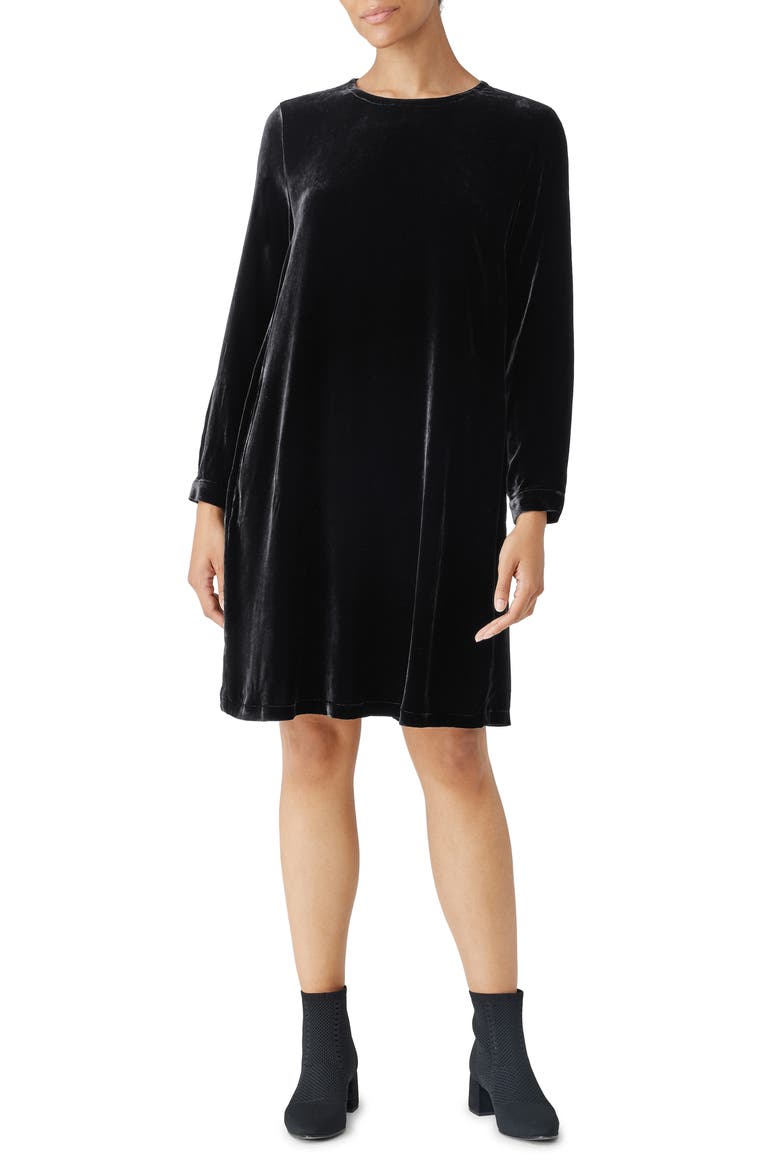 Long Sleeve Velvet Shift Dress, Main, color, BLACK