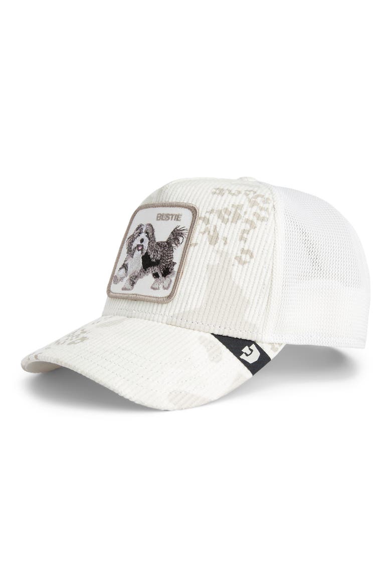 Bestie Camo Embroidered Patch Trucker Hat, Main, color, DUST