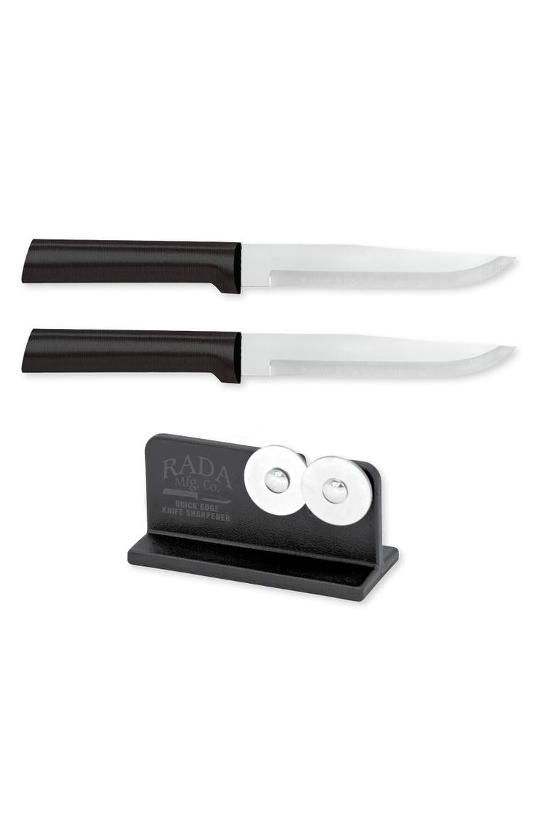 Cutlery 5.375-Inch Stubby Butcher Knife Set of 2 & Quick Edge Knife Sharpener, Main, color, Black