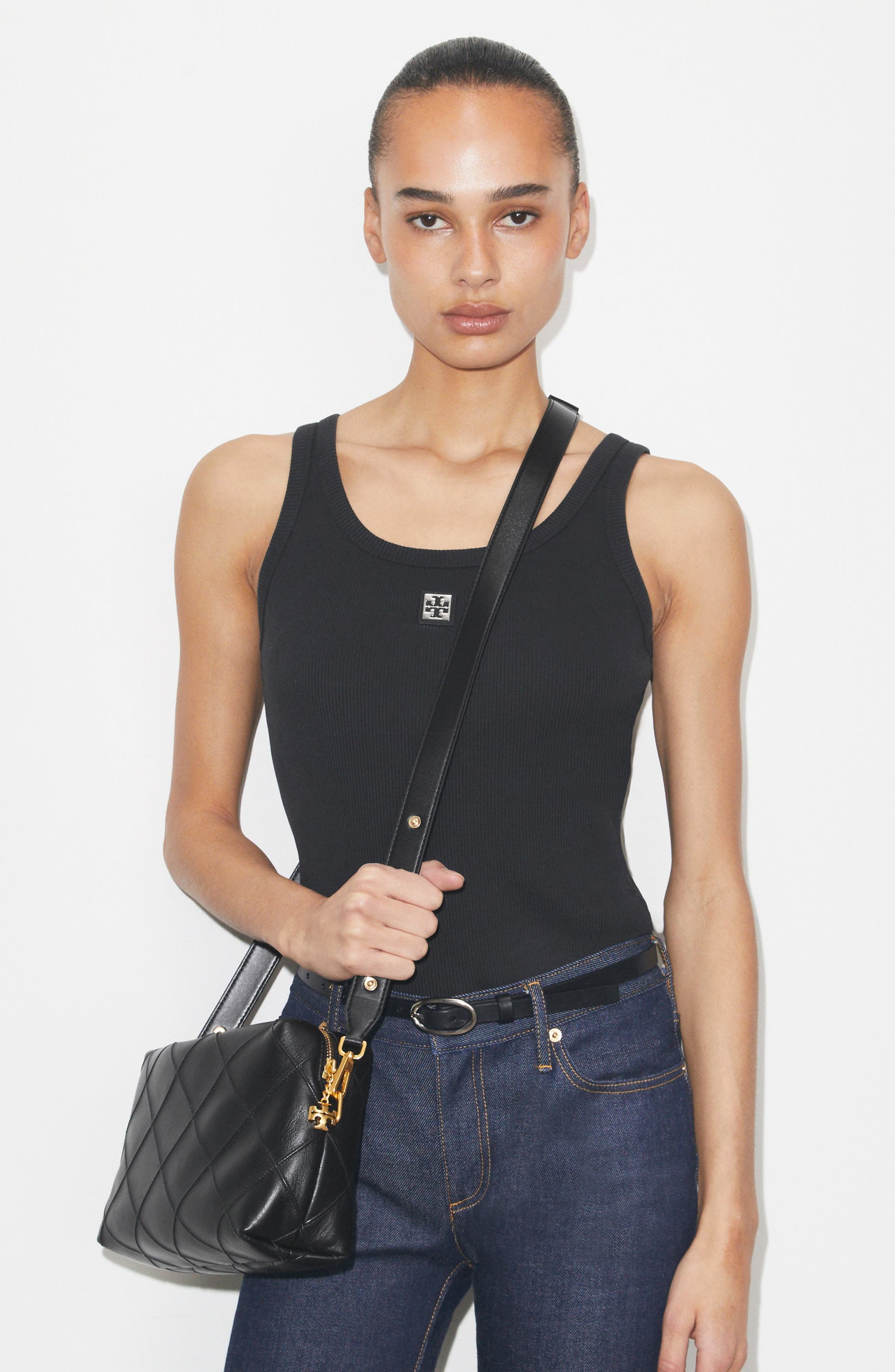 Tory Burch Large Fleming Leather Crossbody, Alternate, color, Black