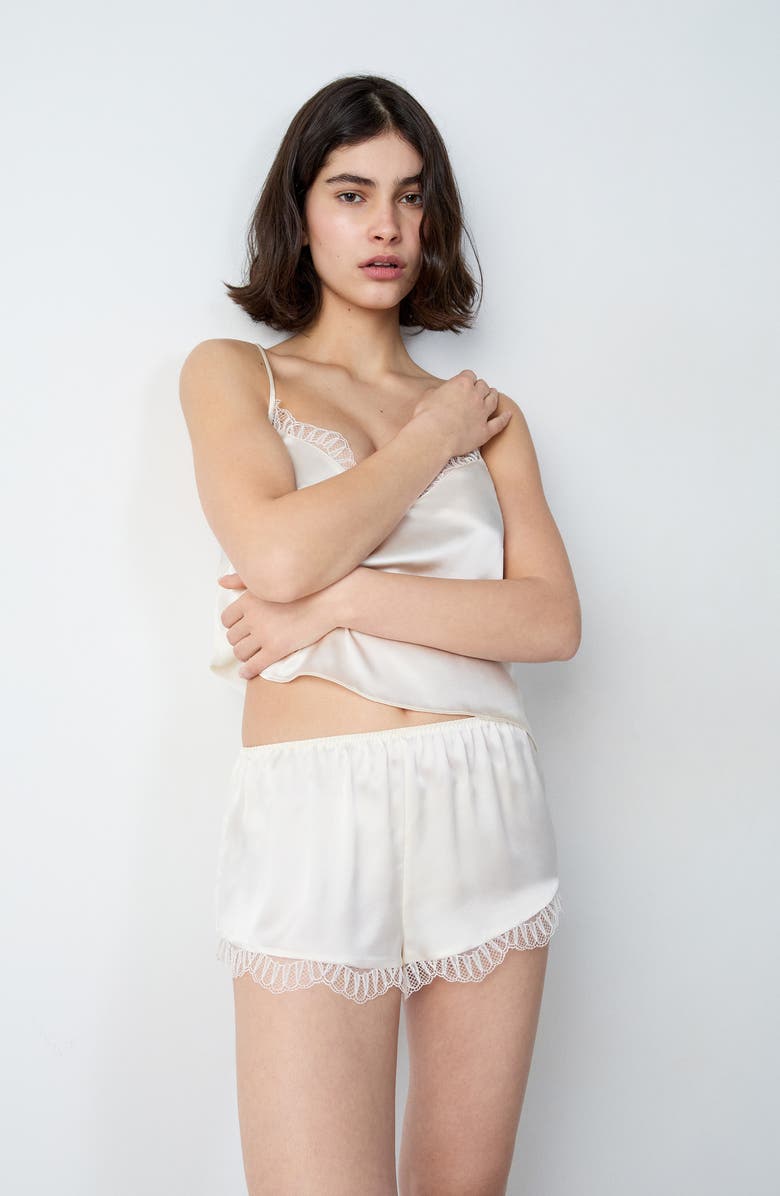 Etam Lace Trim Silk Shorts, Alternate, color, Ecru