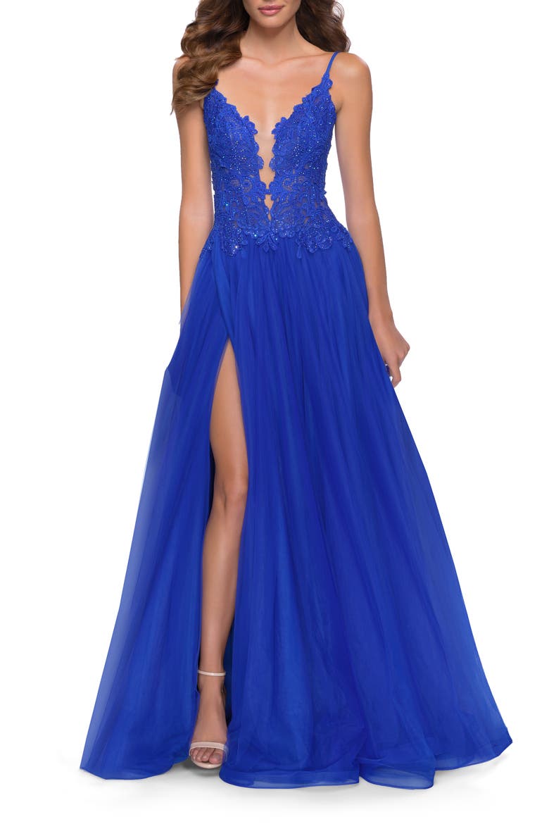 Tulle A Line Gown with Lace Rhinestone Bodice, Main, color, ROYAL BLUE