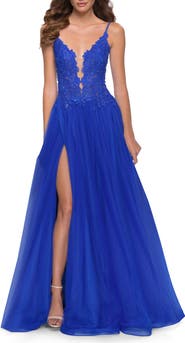 La Femme Tulle A Line Gown with Lace Rhinestone Bodice