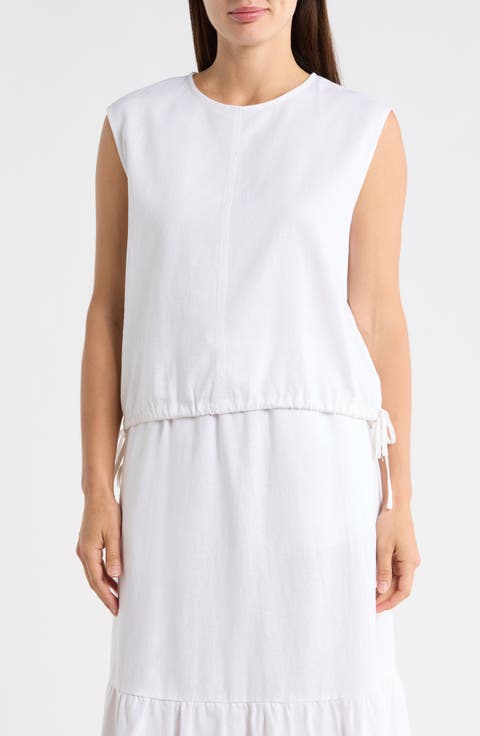 Sleeveless Drawstring Hem Linen Blend Top