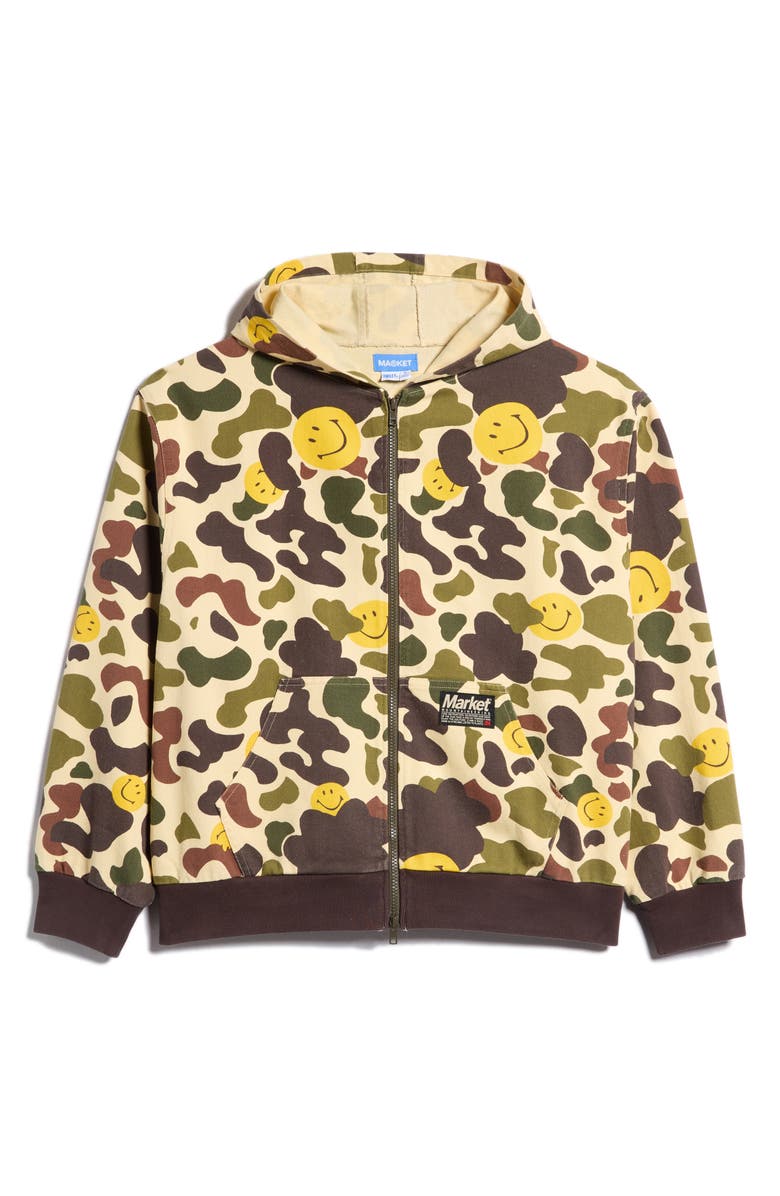 MARKET SMILEY<sup
®</sup
Camo Twill Zip Hoodie, Main, color,