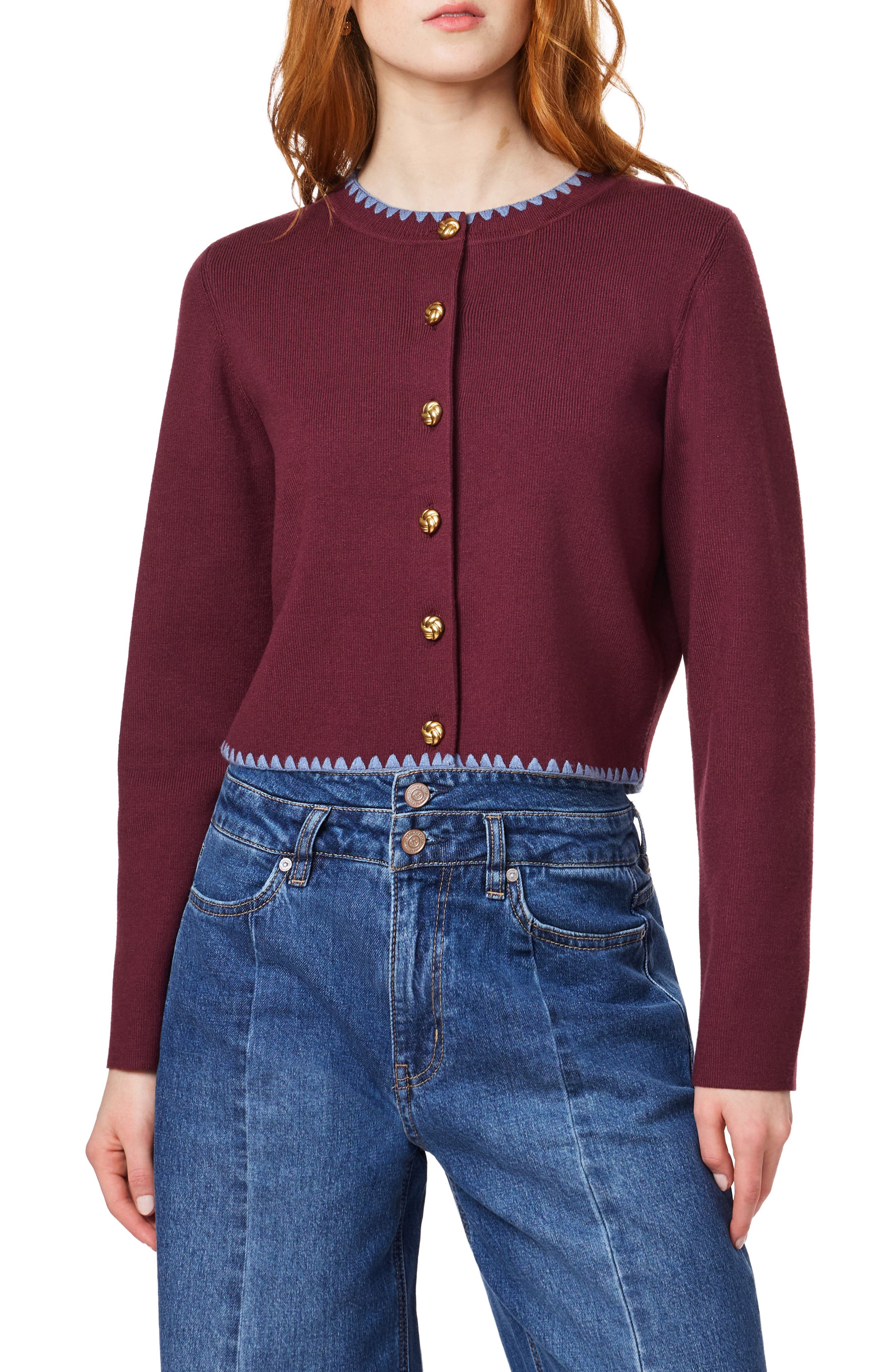 Scotch & Soda Crochet Trim Cardigan In Fig / Stonewash