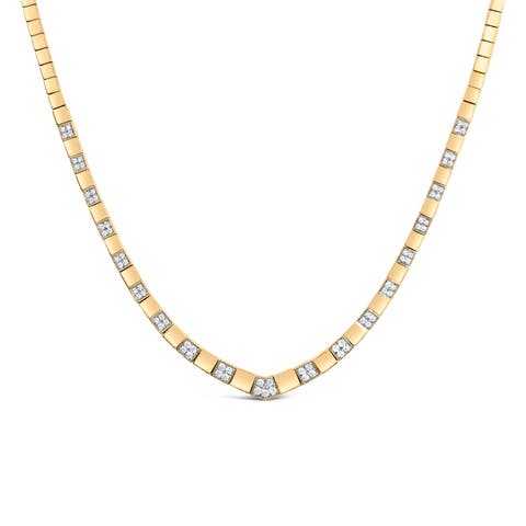 14K Yellow Gold 4/5 Cttw Diamond Cluster & Bar Set Link 3.5 MM Chain Necklace