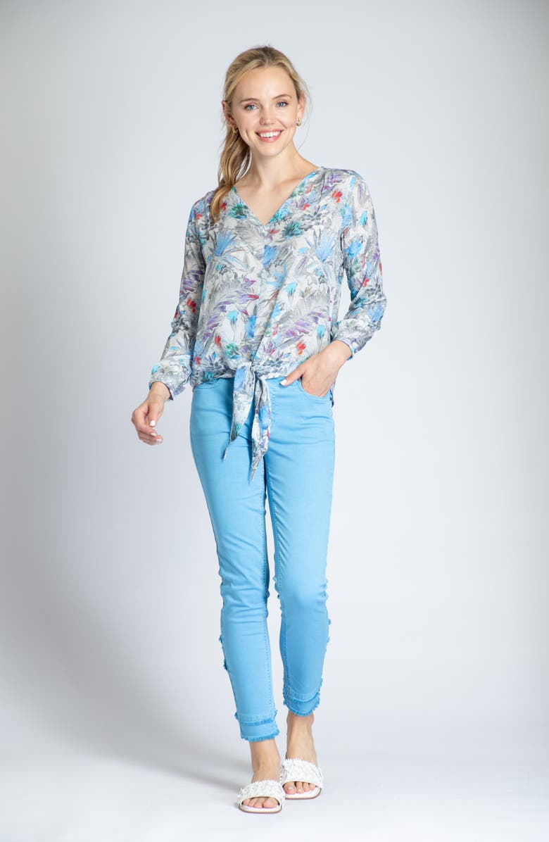 APNY Print V-Neck Tie Front Chiffon Top, Alternate, color, Grey Multi