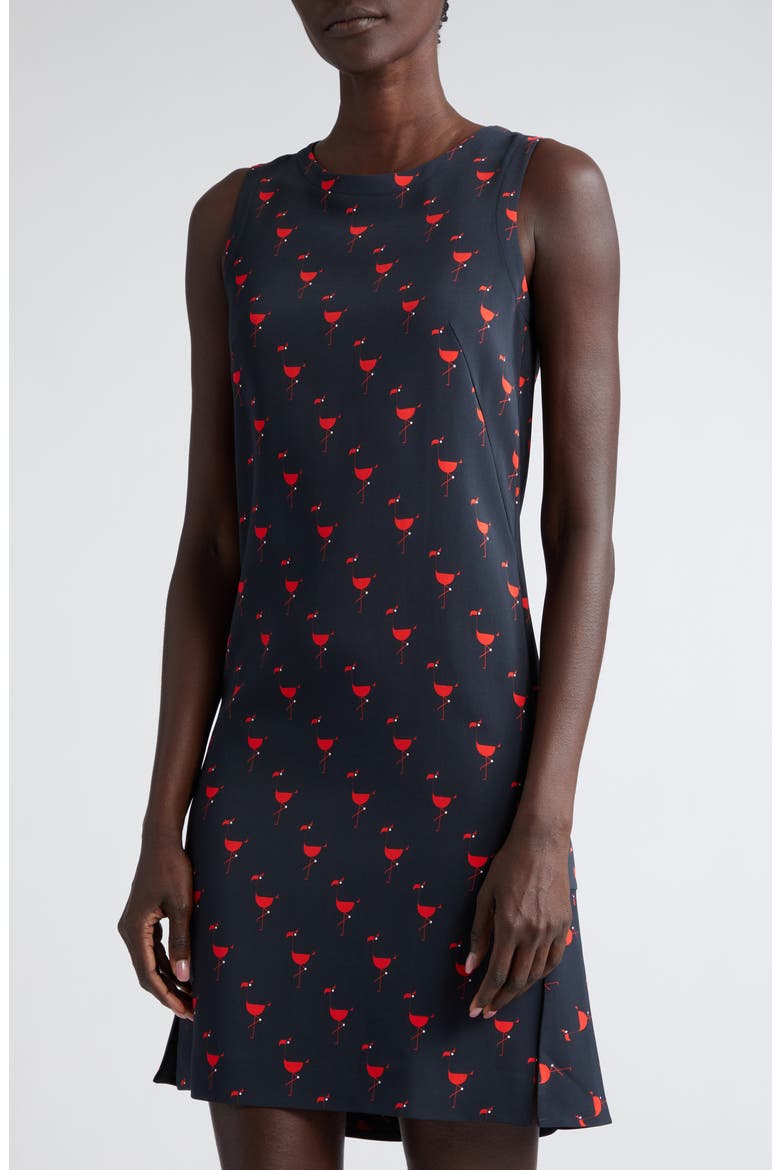 Flamingo Print Sleeveless Crepe Shift Dress, Alternate, color, BLACK AND RED