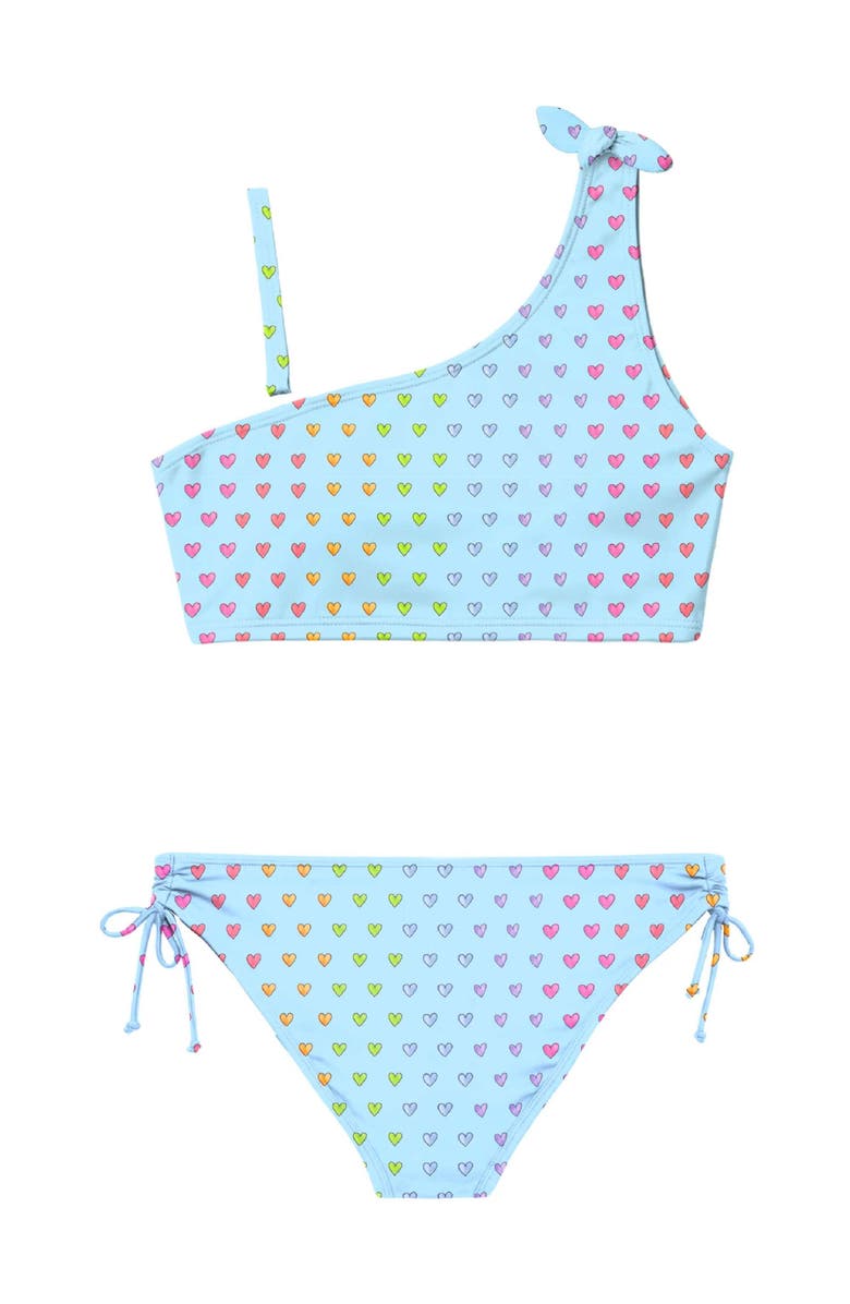 Limeapple Multicolor Heart Printed One Shoulder Bikini Swimsuit, Alternate, color, Blue Multi