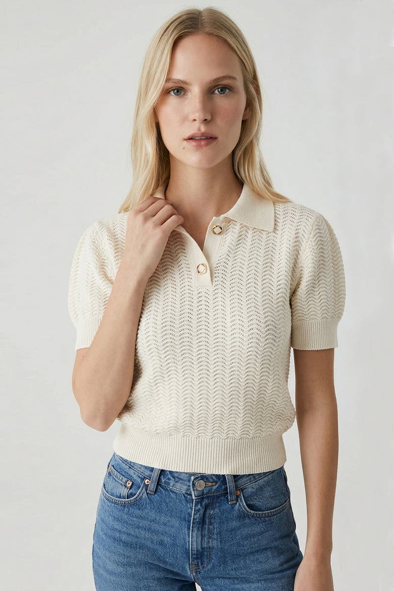 Rachael Polo Short Sleeve Knit Blouse, Alternate, color, Beige