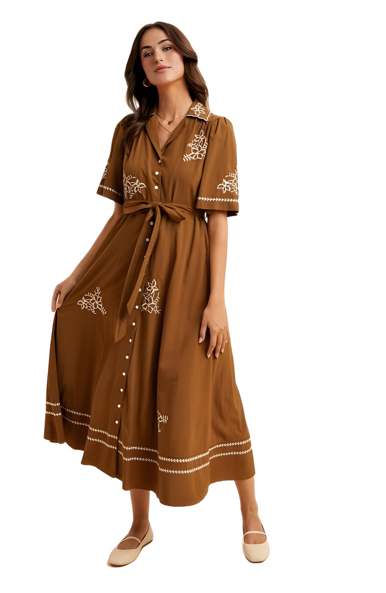 Knit and Lounge Button-Down Maxi Dress with Embroidery and Waist Tie, Alternate, color, Brown