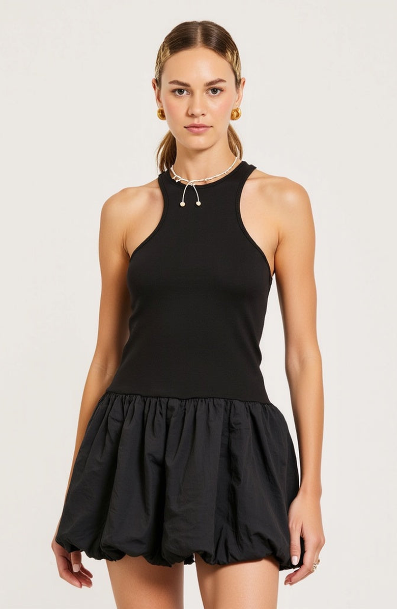 Modenaire Mixed Media Racerback Mini Dress with Bubble Hem Skirt, Alternate, color, Black