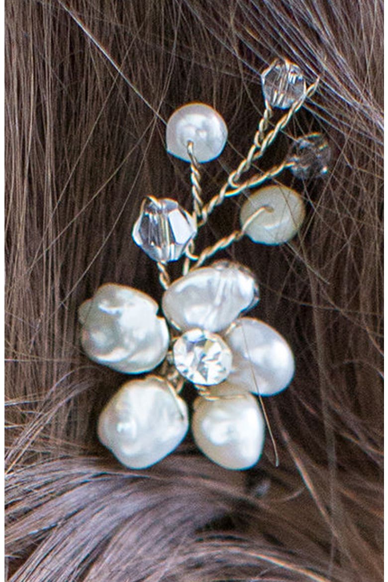 Nahla Set of 2 Pearl & Crystal Flower Pins, Alternate, color, SILVER