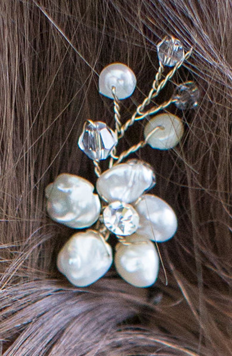 Brides & Hairpins Nahla Set of 2 Pearl & Crystal Flower Pins, Alternate, color, Silver