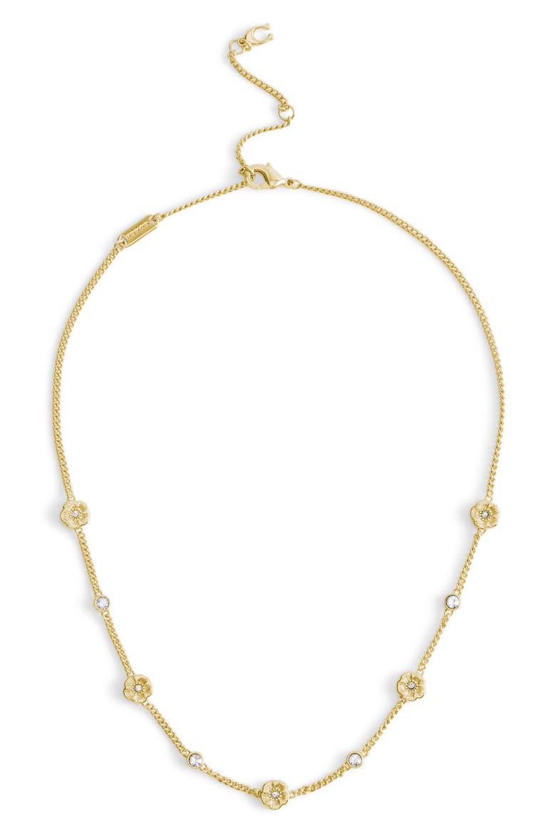 Tea Rose & Crystal Station Necklace, Alternate, color, SHINY GOLD