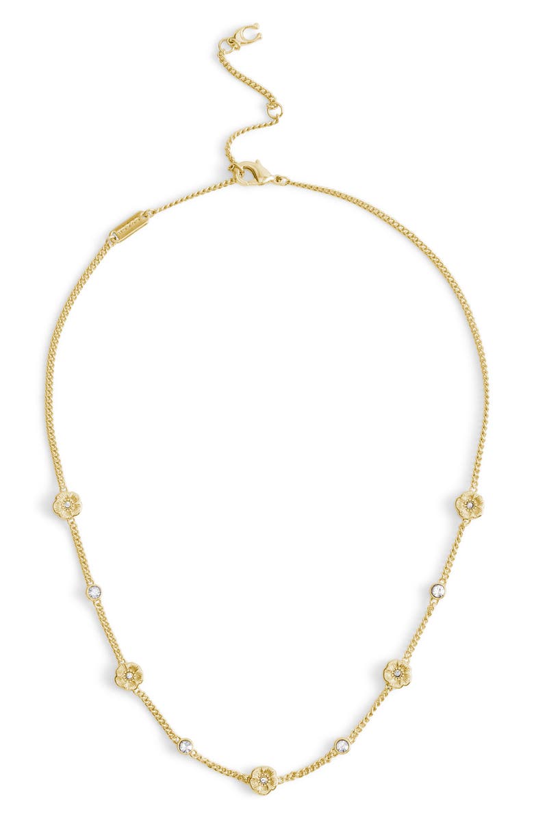 COACH Tea Rose & Crystal Station Necklace, Alternate, color, Shiny Gold