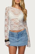 EDIKTED Stitched Sheer Lace Off the Shoulder Crop Top
