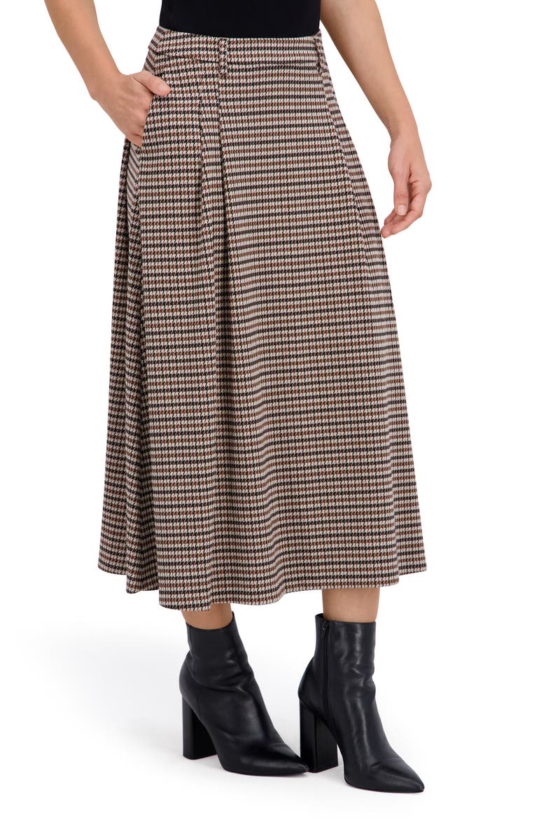 Plaid Pleated Midi Skirt, Alternate, color, BLACK/ CAMEL