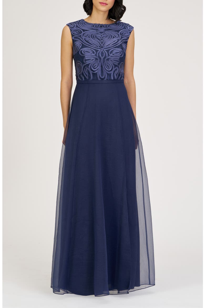 Keira Soutache Lace Bodice Gown, Main, color, BLACK IRIS