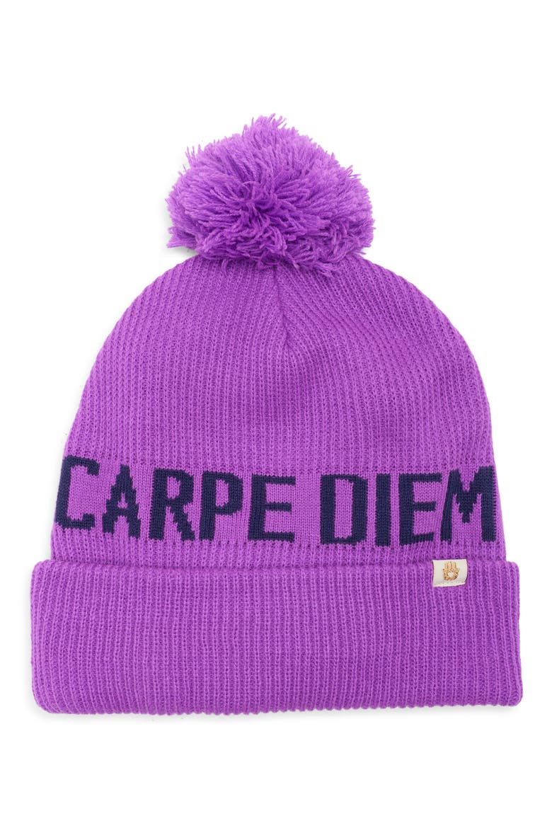 Carpe Diem Pompom Beanie, Main, color, ELECTRIC VIOLET