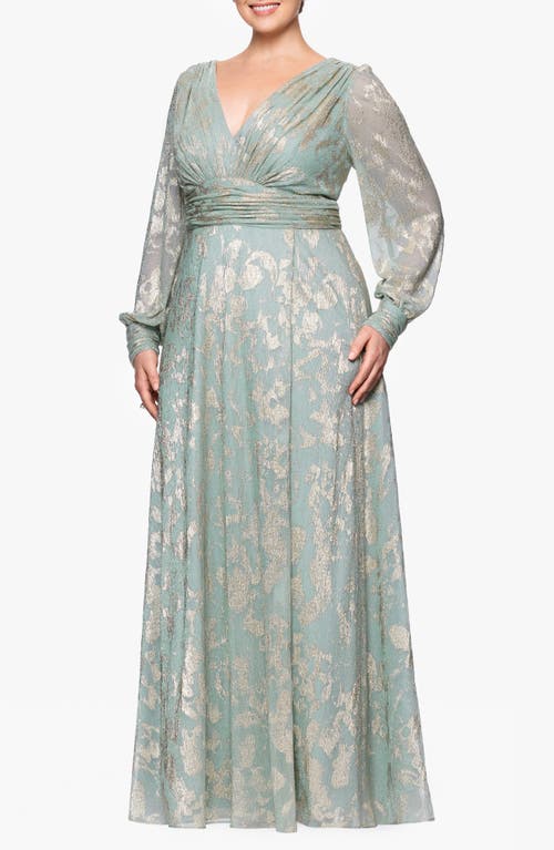 Betsy & Adam Foiled Gown In Sage/gold
