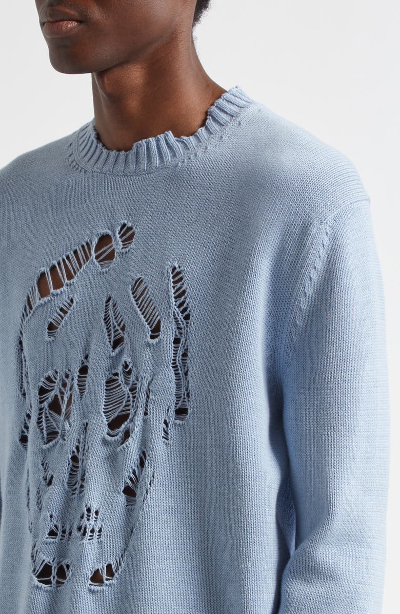 McQueen Distressed Skull Crewneck Sweater, Alternate, color, Shirting Blue