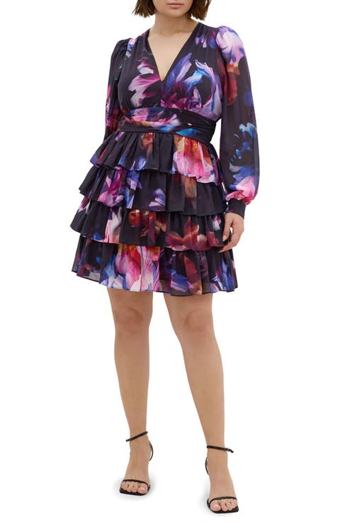 Kailey Long Sleeve Floral Print Minidress (Plus)