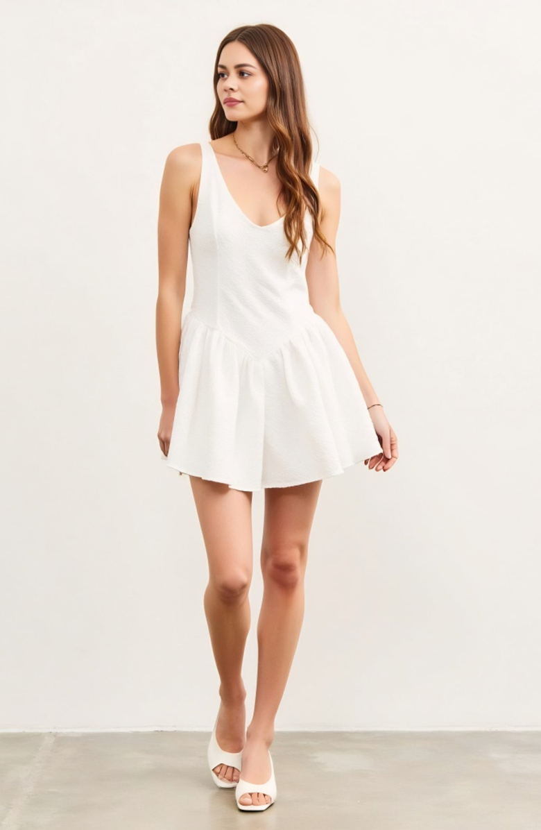 Modenaire Textured Sleeveless V-Neck Mini Dress with Flowy Drop Waist, Alternate, color, White