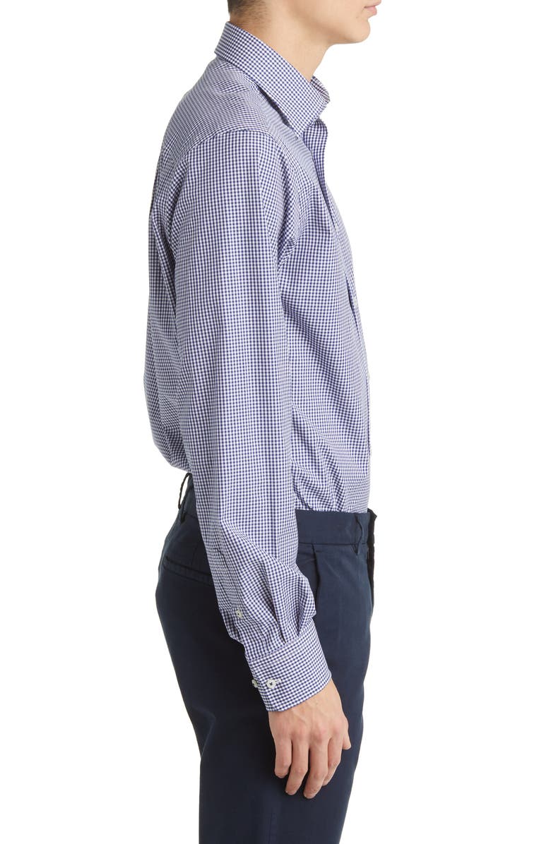 David Donahue Gingham Trim Fit Barrel Cuff Dress Shirt, Alternate, color, Navy