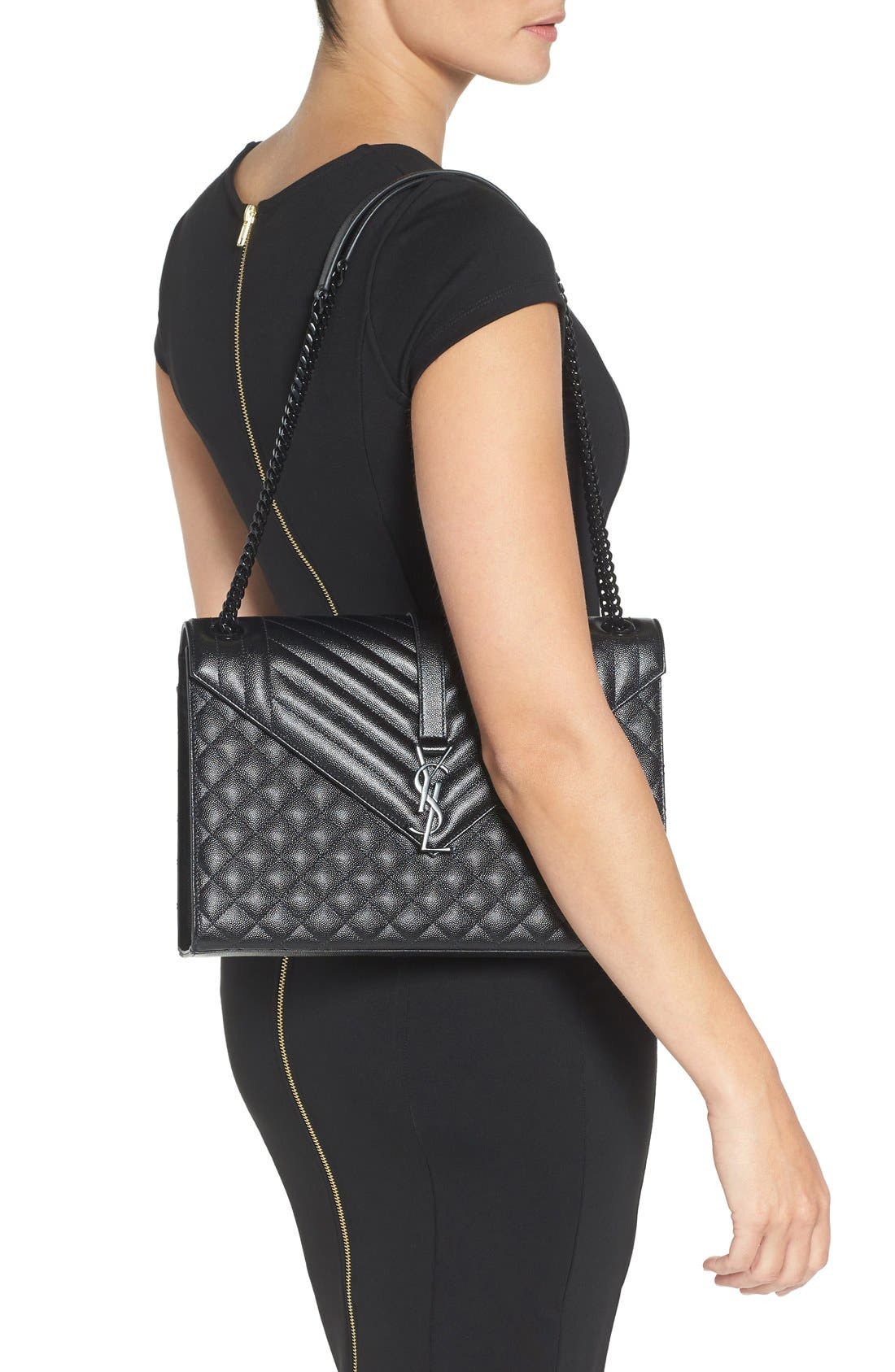 Saint Laurent 'Medium Monogram' Chevron Quilted Leather Shoulder Bag, Alternate, color, 