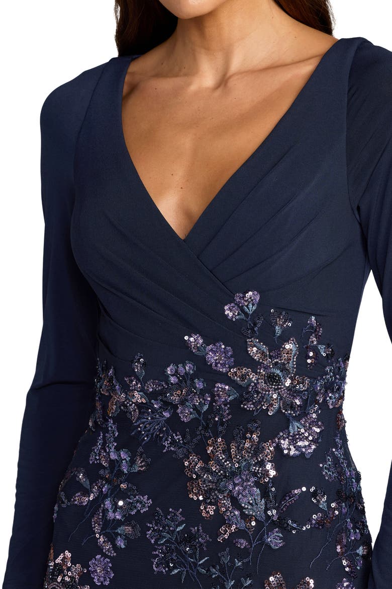 Petite Floral Embroidered Jersey Long Sleeve Gown, Alternate, color, Midnight Multi