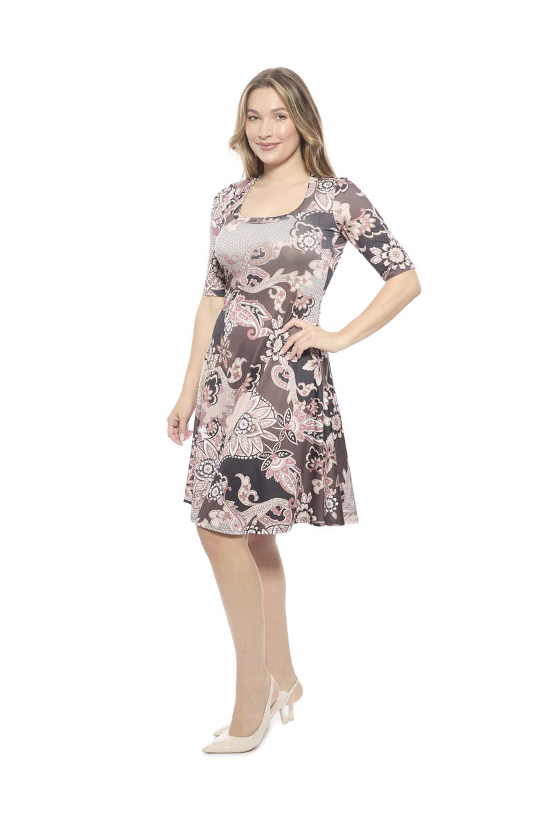 24seven Comfort Apparel Womens Paisley Scoop Neck Elbow Sleeve Knee Length A-Line Flared Dress, Alternate, color, Brown Multi