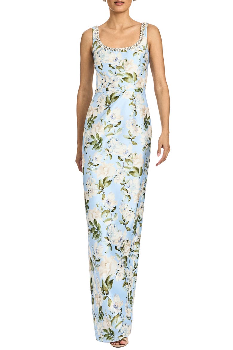 Lana Floral Stretch Mikado Gown, Main, color, SKY CAMELLIA