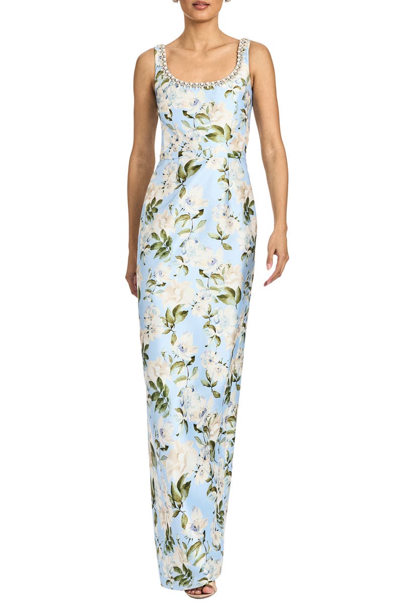 Sachin & Babi Lana Floral Satin Mikado Gown, Main, color, Sky Camellia
